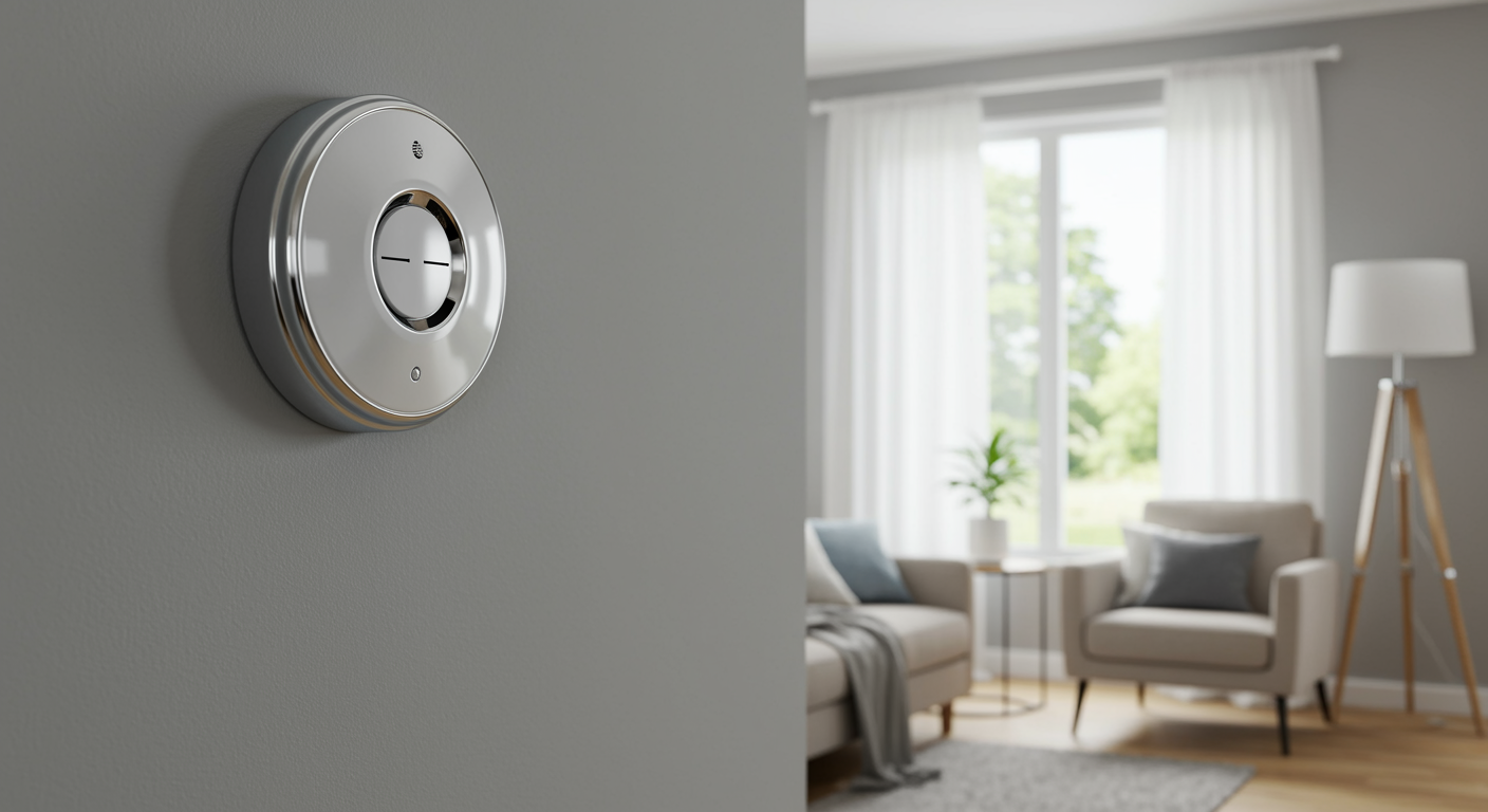 Living room with a carbon monoxide detector installed on the wall, highlighting professional safety testing in a comfortable home setting