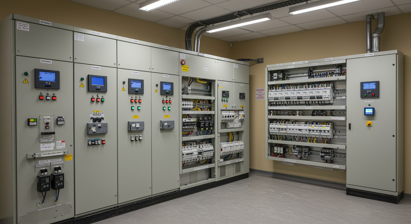 Pristine electrical control panel in a modern interior after a professional safety inspection, featuring organized breakers and a spotless setting