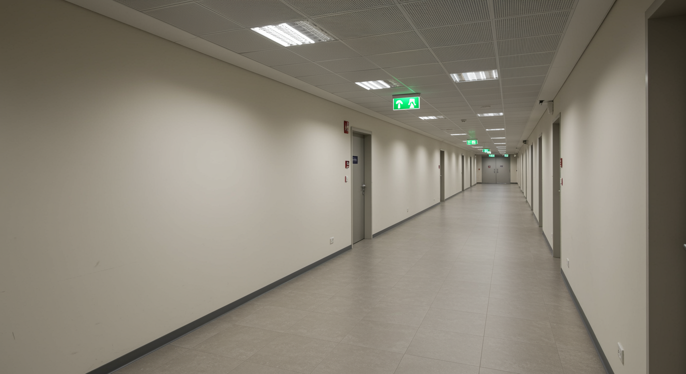 Bright, well-lit commercial corridor with clearly visible emergency lighting and exit signs, showcasing professional safety testing results