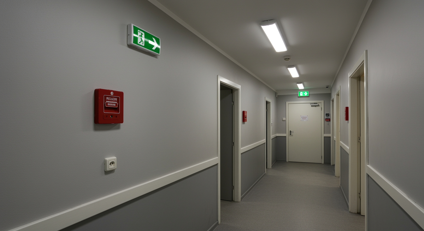 Modern residential hallway with a fire alarm and illuminated emergency exit sign, demonstrating completed fire safety checks by safety testing professionals
