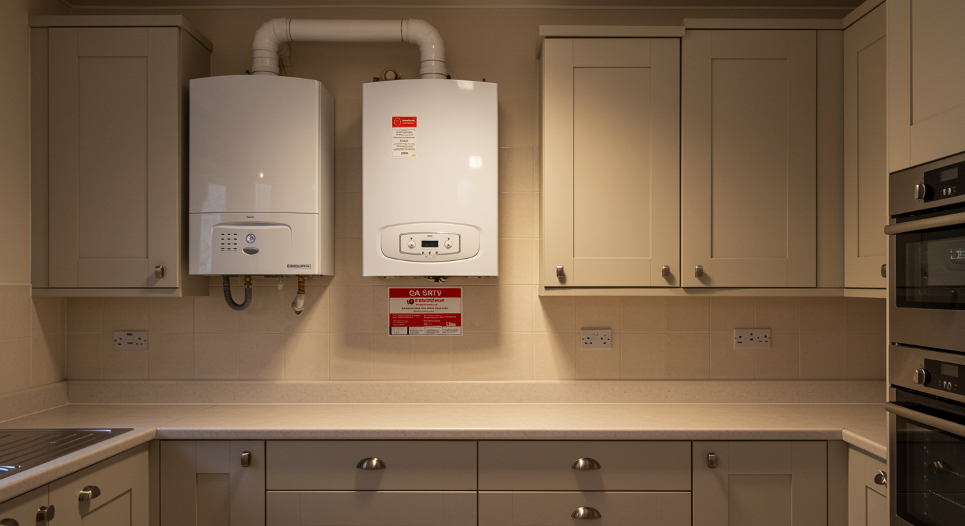 Certified safe kitchen with modern gas boiler and visible safety certification after gas safety inspection