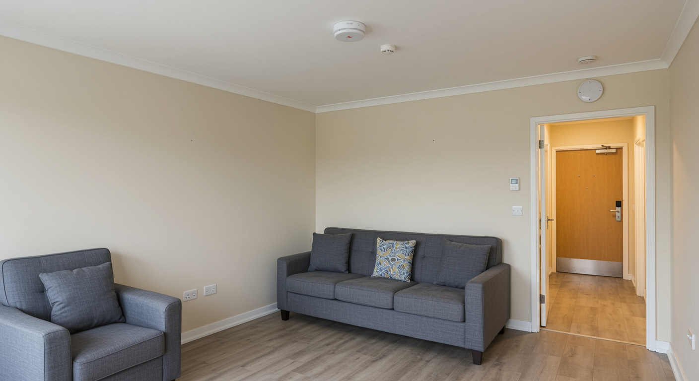 HMO inspection safety-tested shared living area with visible smoke detector and emergency lighting, modern and tidy without people