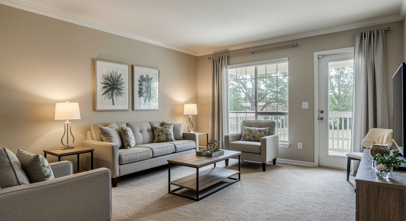 Modern living room in an apartment set up according to occupancy compliance standards, featuring organized furniture and natural light, for safety testing service